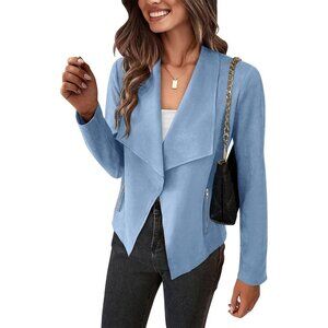 Women's Light Blue PRETTYGARDEN Faux Suede Jackets Fall Clothes Long Sleeve